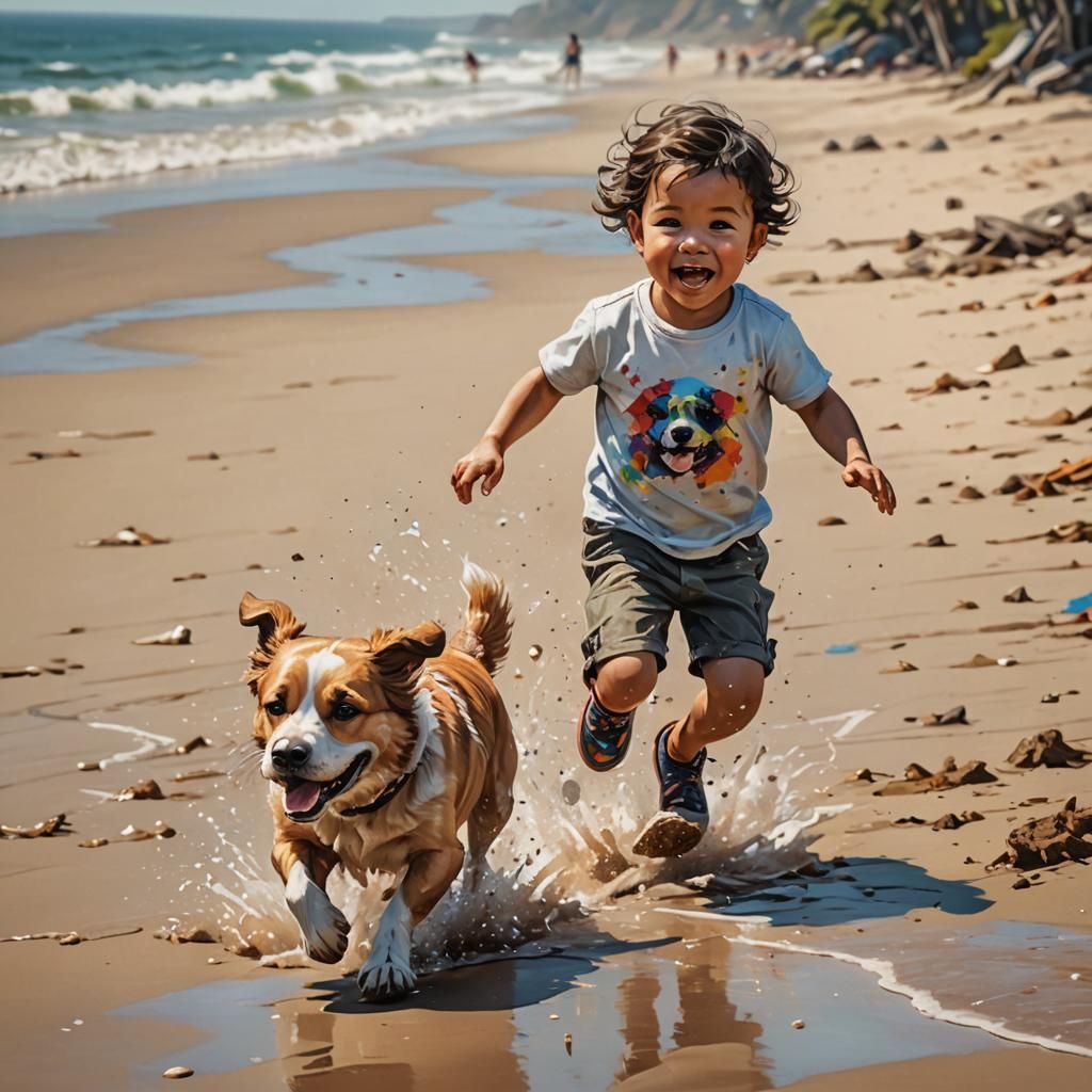 Toddler and Dog on Beach in Splash Art Style