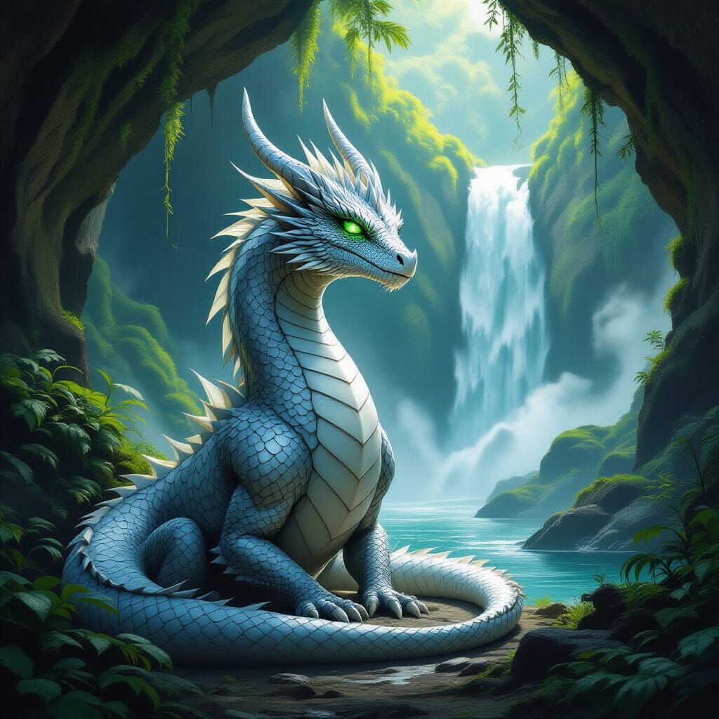 Silver Dragon by Misty Waterfall in Dimly Lit Cave