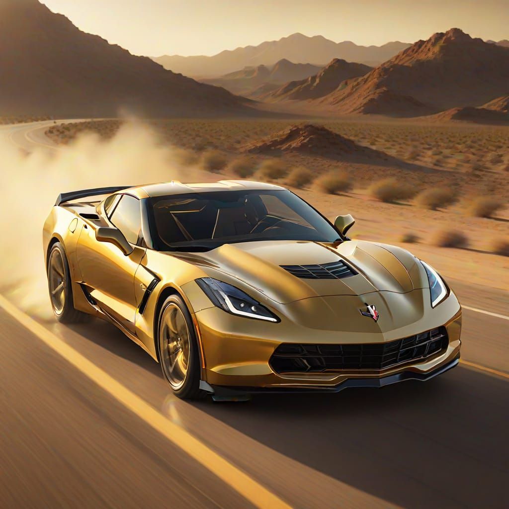 Metallic Gold Corvette on Desert Highway
