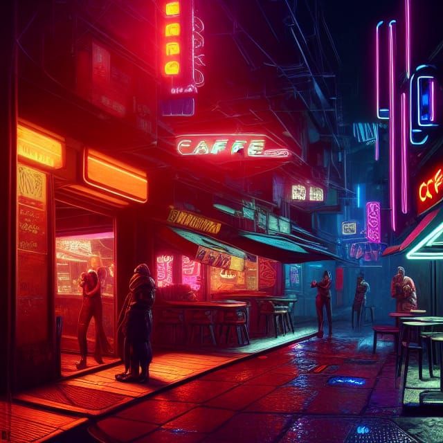 Cyberpunk Night Cafe in Neon Alleyway