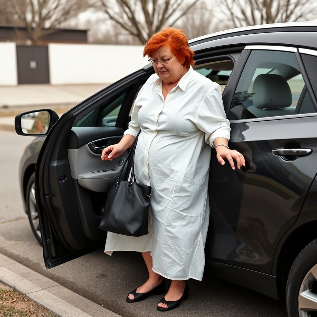 Aging Redhead Woman Unlocks Car in Everyday Fashion