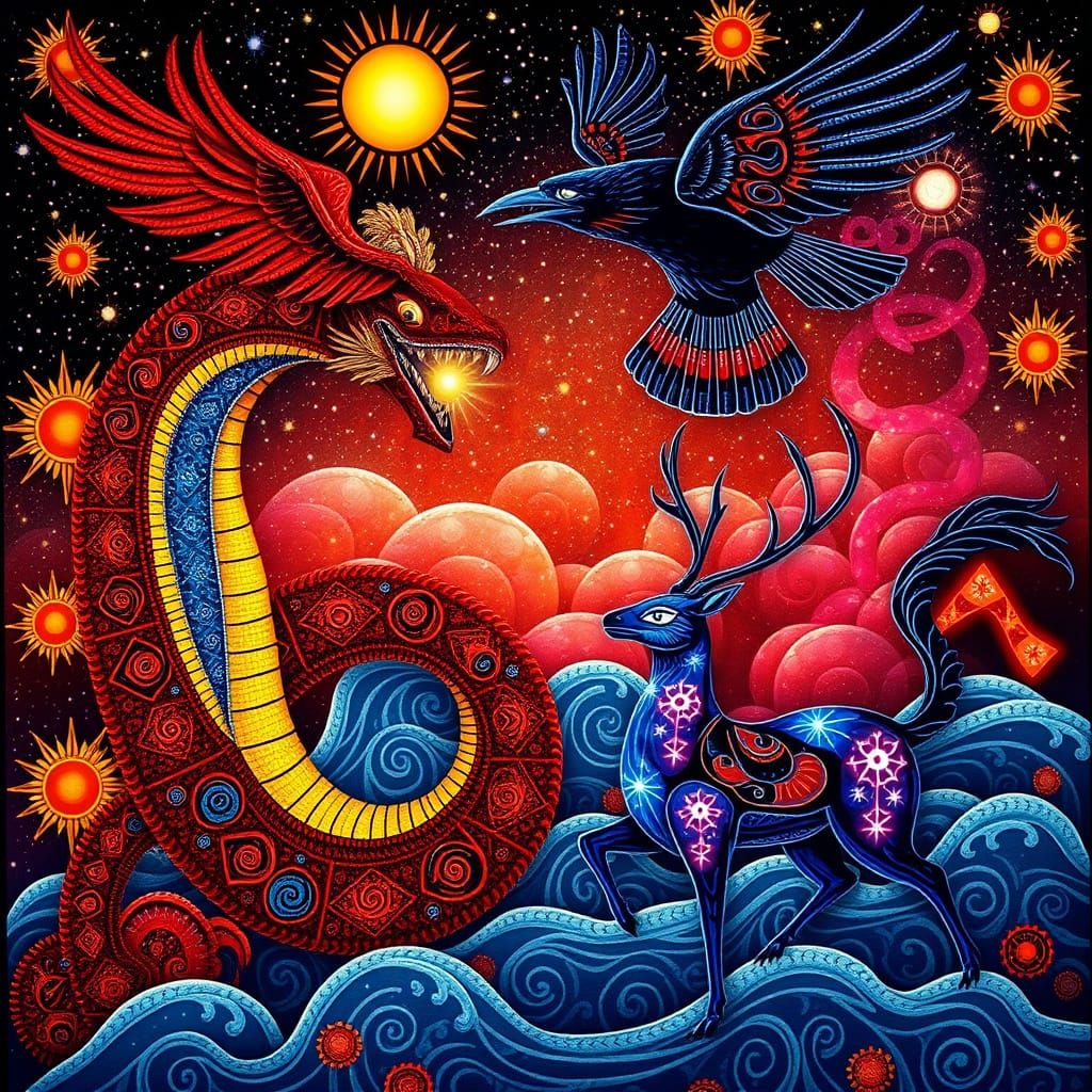 Dreamlike Realm Guardians in Vibrant Andean and Northwest Co...