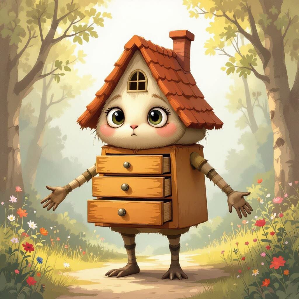 Whimsical Cottage-Headed Creature with Drawer Arms