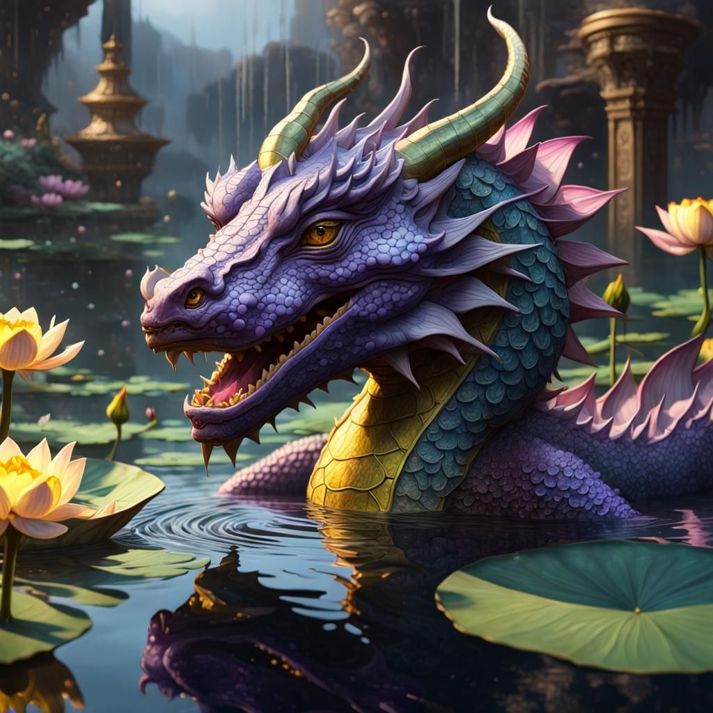 Detailed Water Dragon with Lotus Flowers