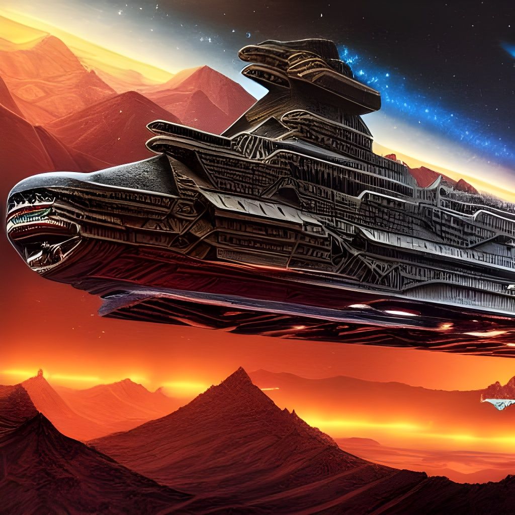 Mesopotamian Battleship Landing: Hyperdetailed Horror Art