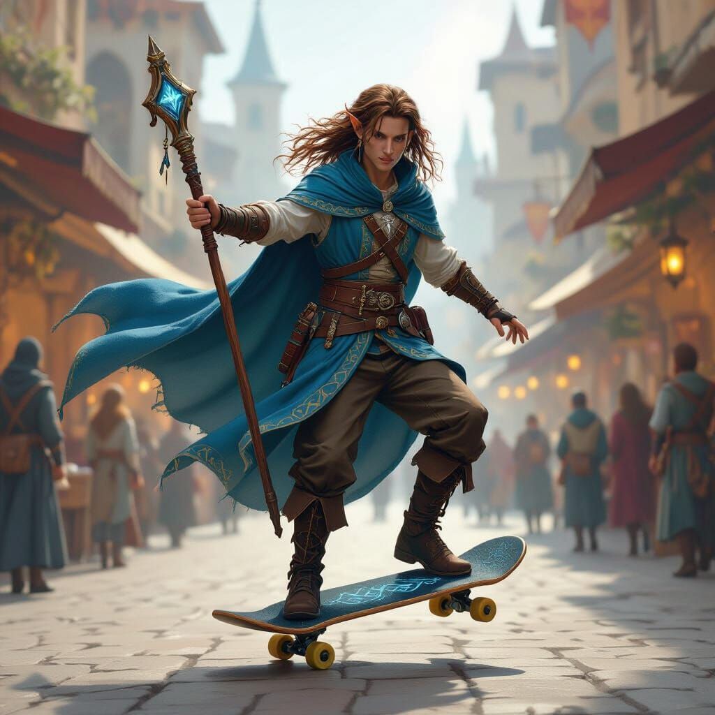 Elven Bard on Enchanted Skateboard in Fantasy Illustration