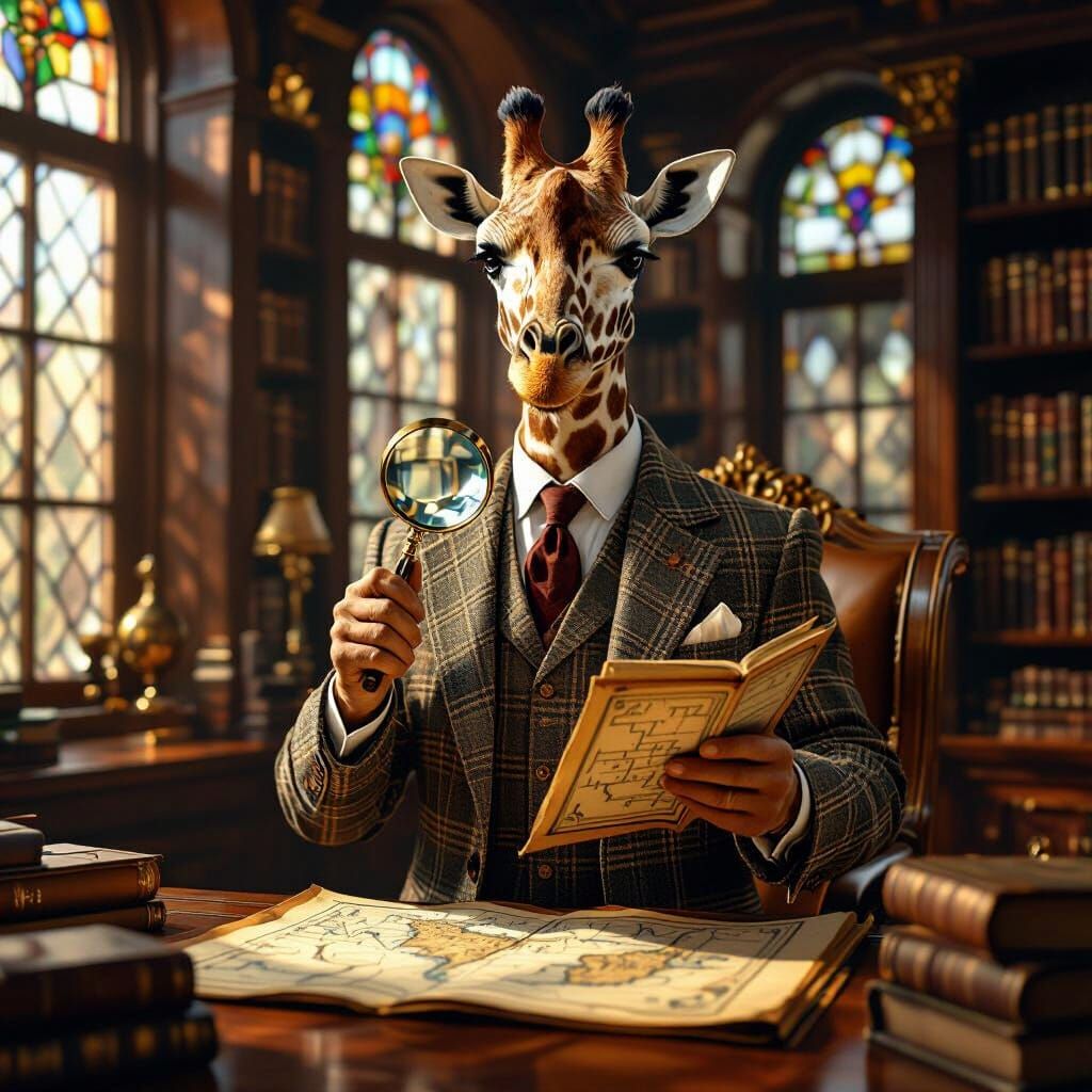 Elegant Giraffe Detective in Sun-Drenched Library