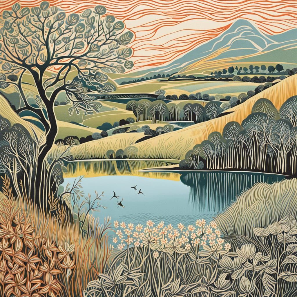 Landscape Reflected in Lake: Impressionistic Style