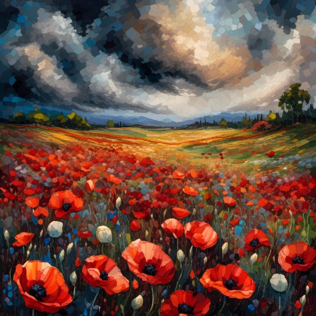 Mosaic Poppy Field Gouache Impressionist Masterpiece