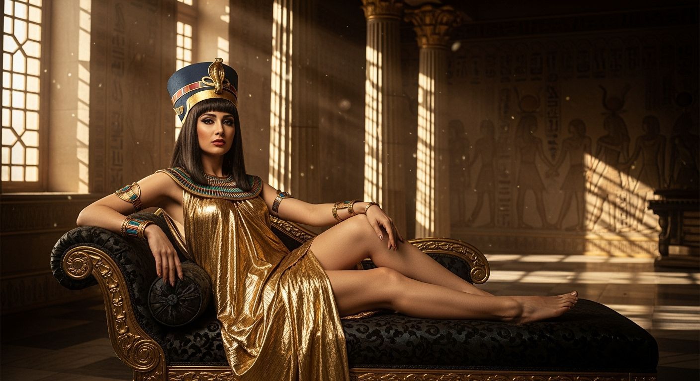 Egyptian Queen Lounging in Opulent Chamber