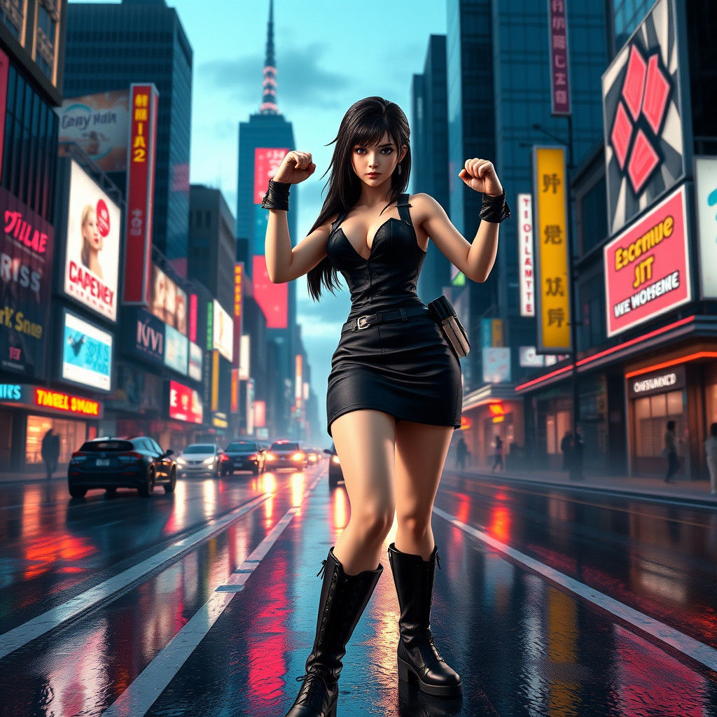 Tifa Lockhart in Futuristic Cityscape, Digital Rendering