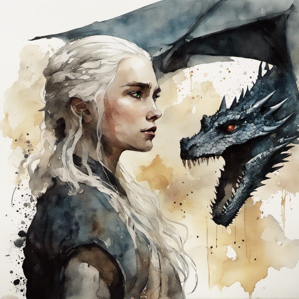 Daenerys Targaryen Watercolor Painting with Dragon