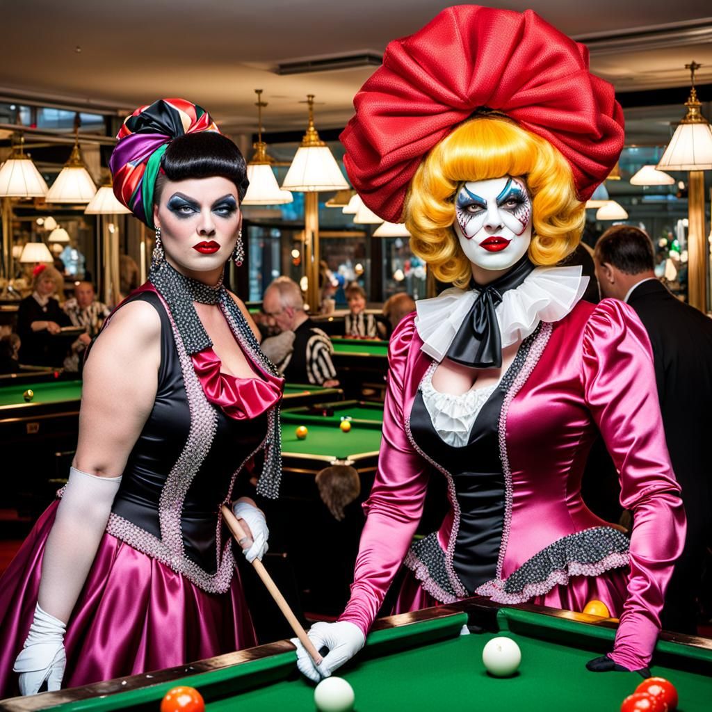 Clowns Play Snooker in Extravagant Drag