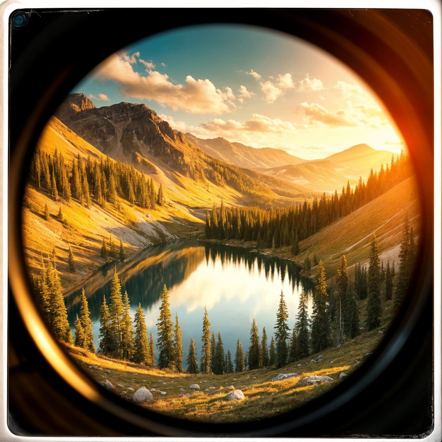 Vintage Camera Captures Mountain Lake Landscape