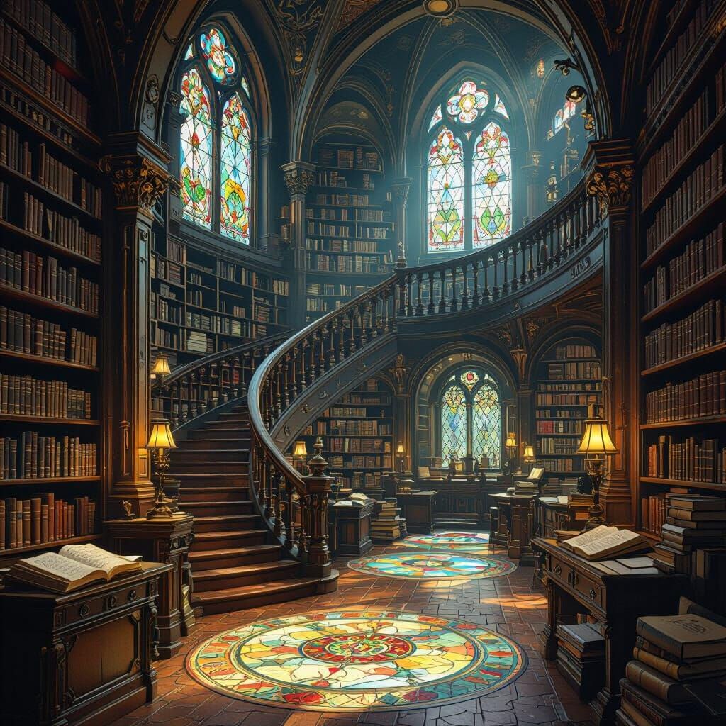 Grand Library with Ancient Tomes in Art Nouveau Style