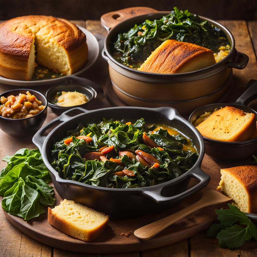 Collard Greens, Smoked Turkey, and Cornbread in Sunlight