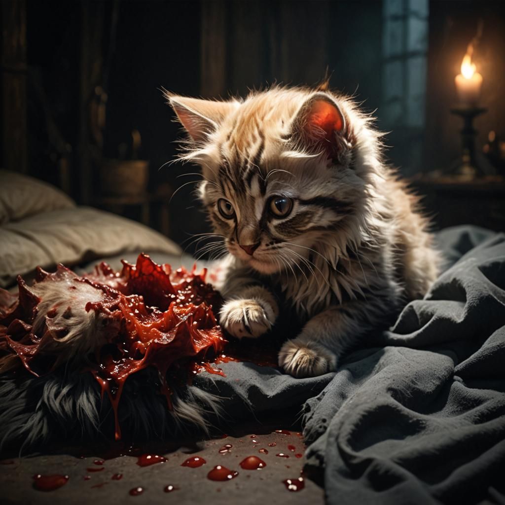 Ethereal Kitten's Sinister Feast: A Horror Scene
