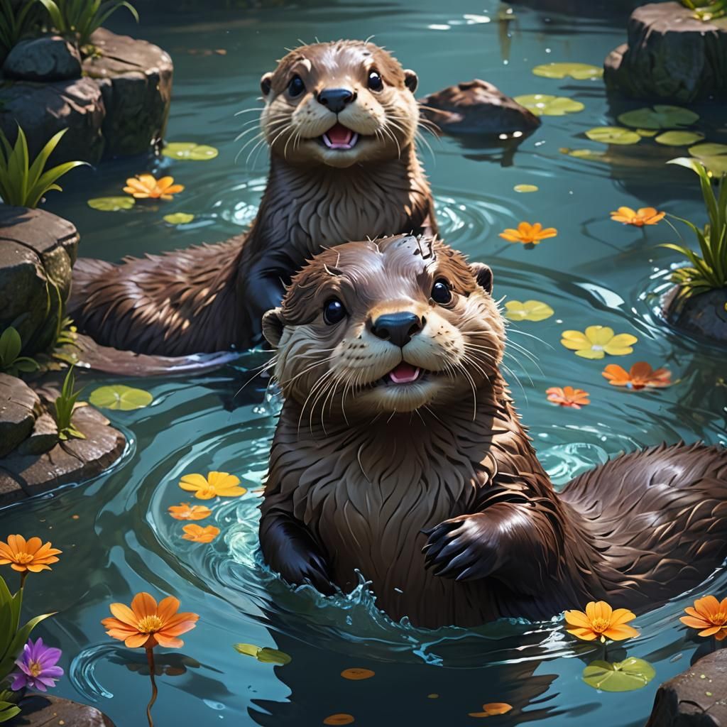 Cute Anime Otter in Water: Detailed Digital Art