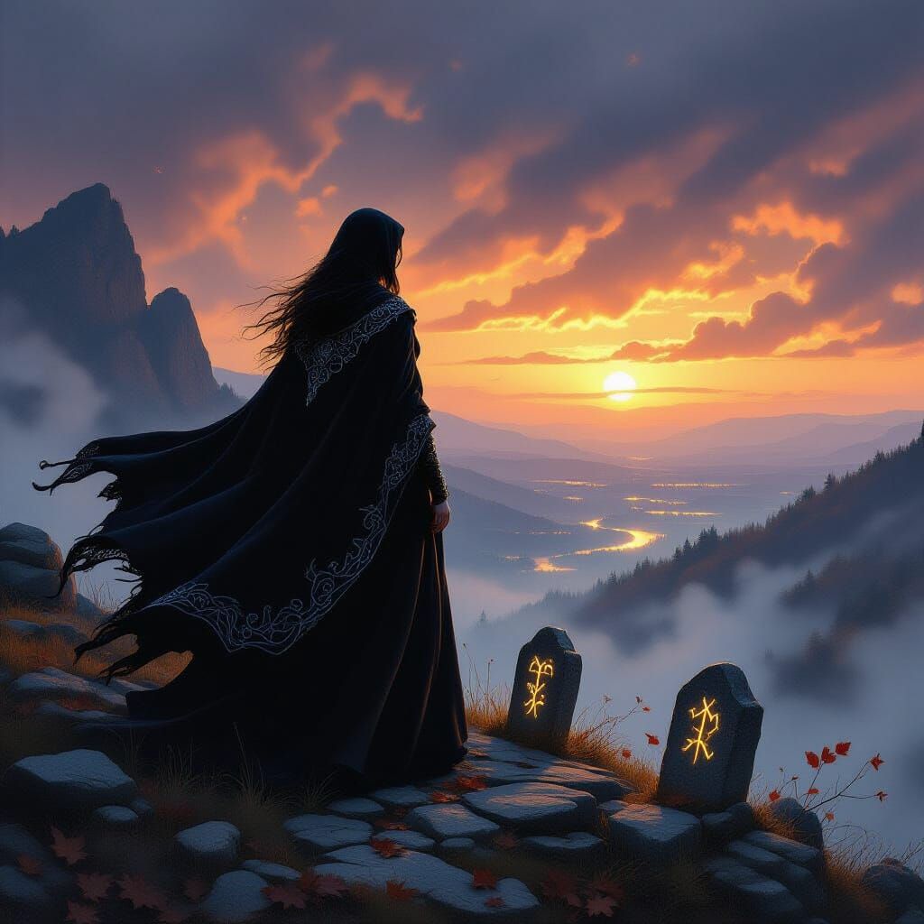 Mysterious Witch Overlooking Autumn Valley