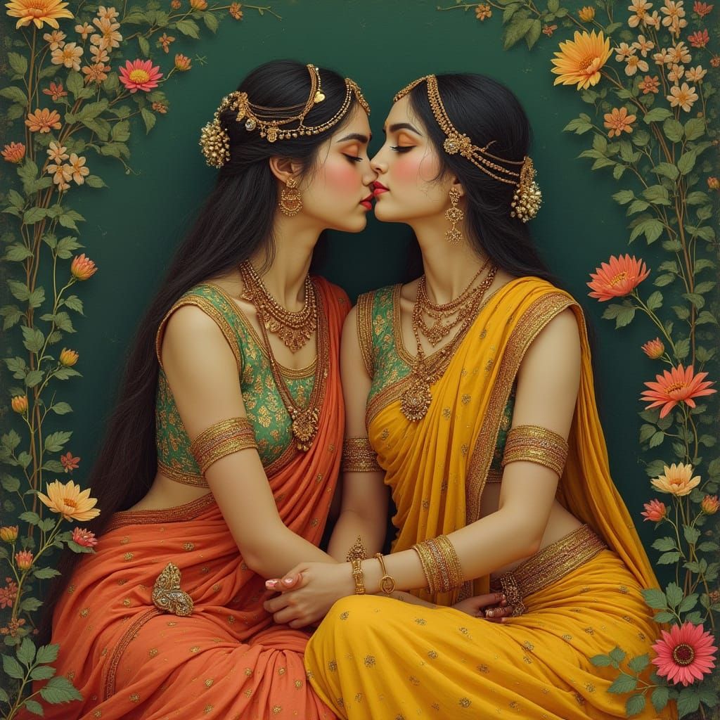 Radha Krishna Embrace in Classical Indian Art Style