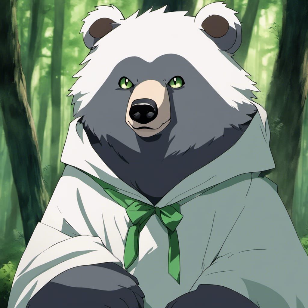 Black Bear in Robe, Anime Portrait in Deep Color