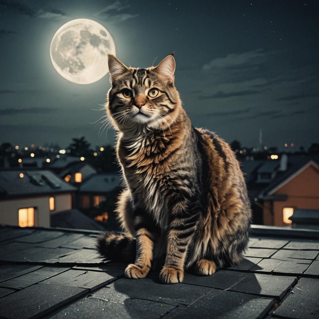 Cat on Roof Under Full Moon at Night