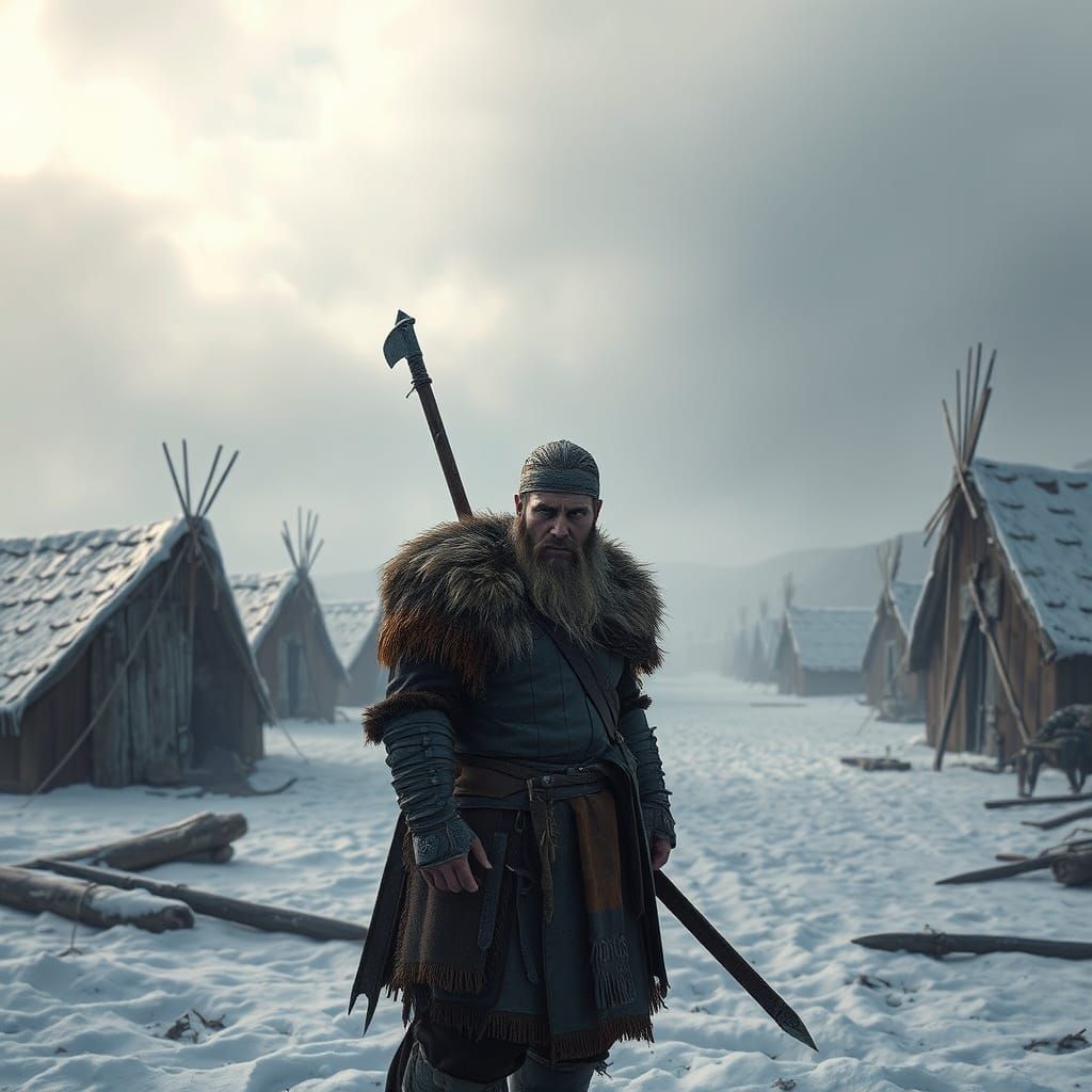 Viking Warrior Stands Vigilant in Snowy War Camp