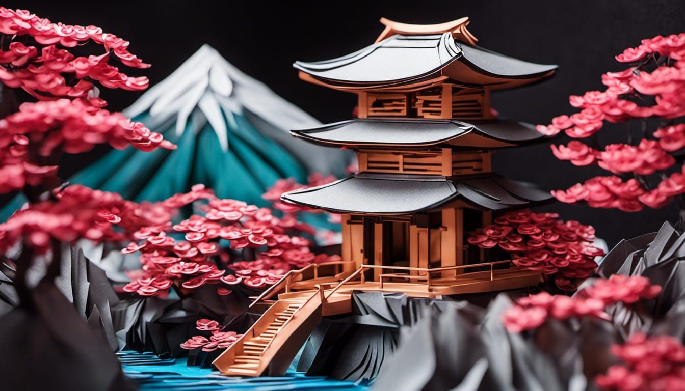 Japanese Origami Landscape with Temple and Waterfalls
