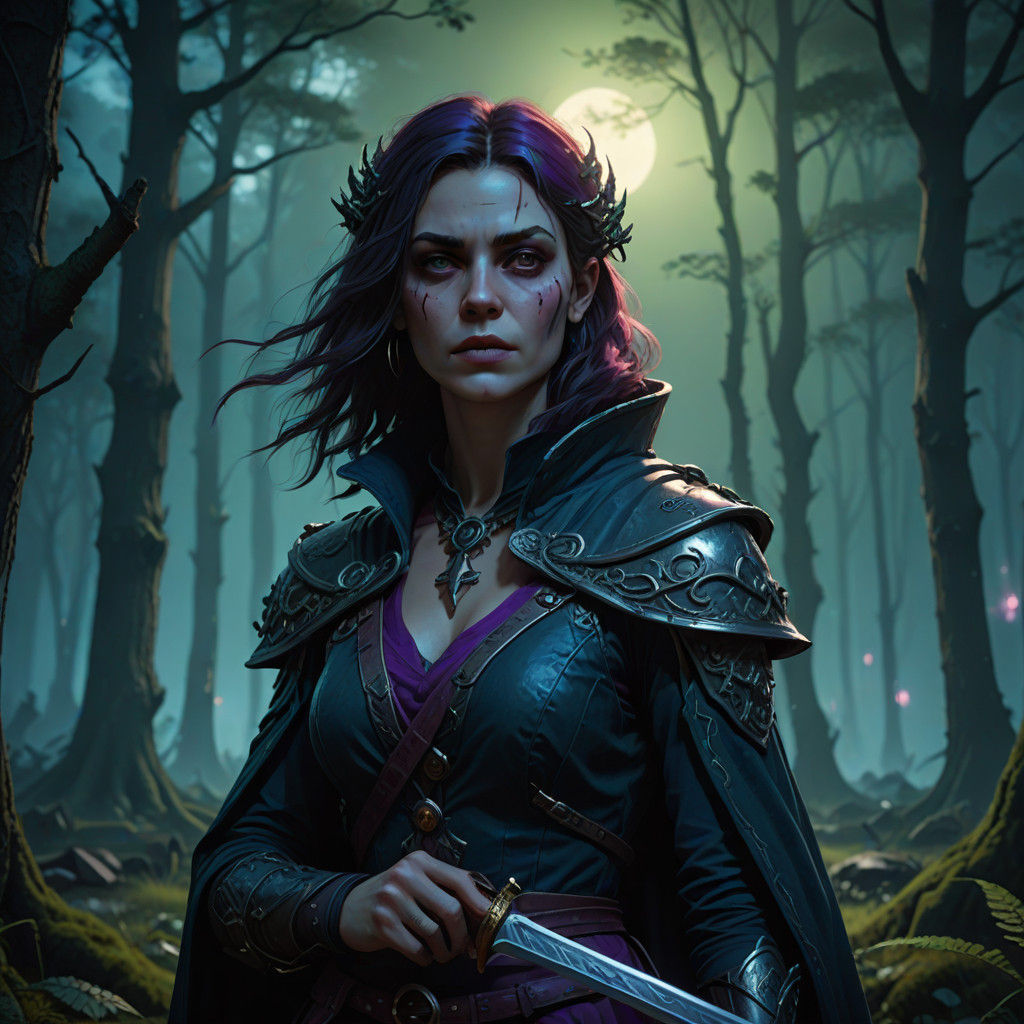 Ethereal Dark Fantasy Vampiric Warrior in Moody Moonlit Land...