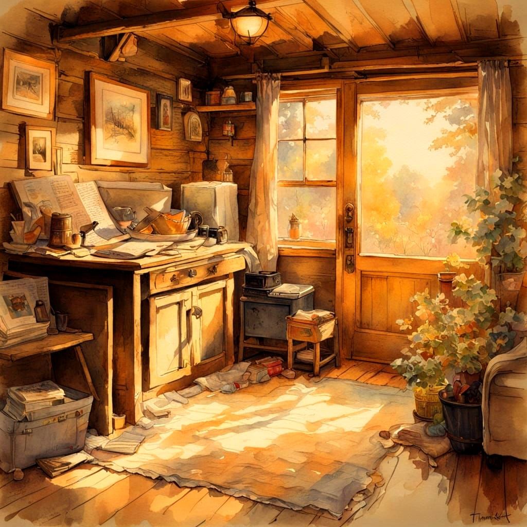 Cozy Cabin Scene in Warm Golden Light