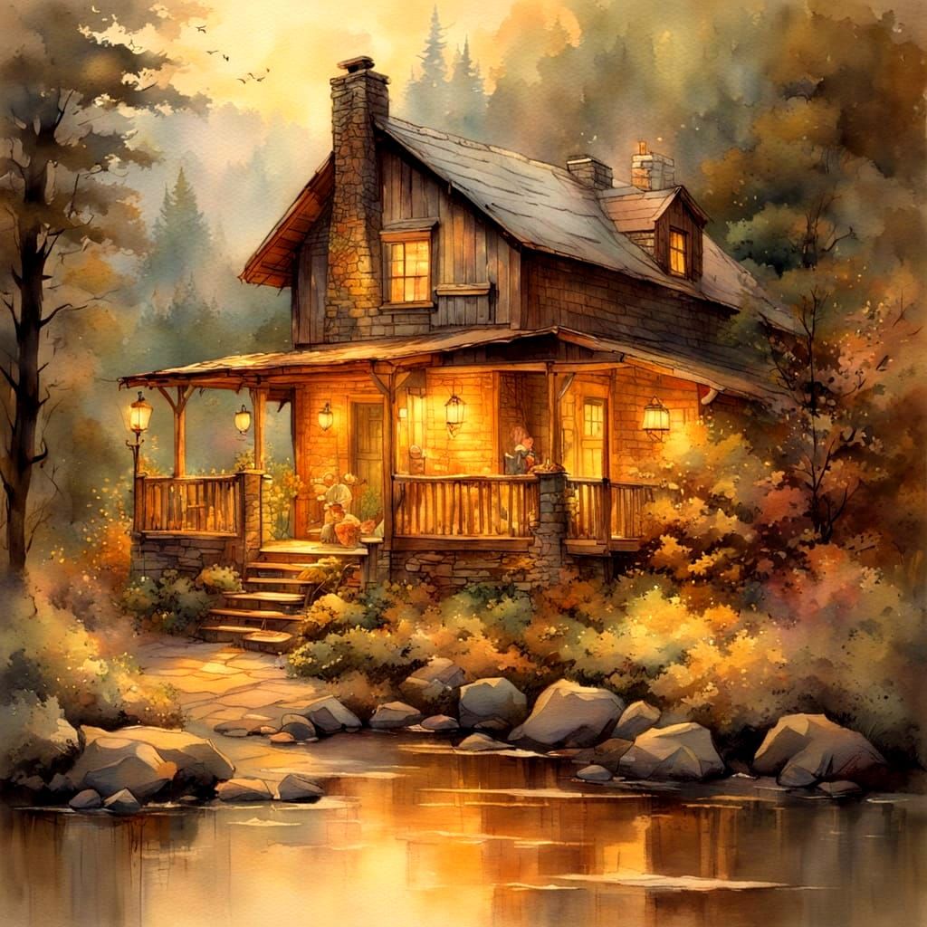 Warm Cabin Living Room in Soft Pastel Hues