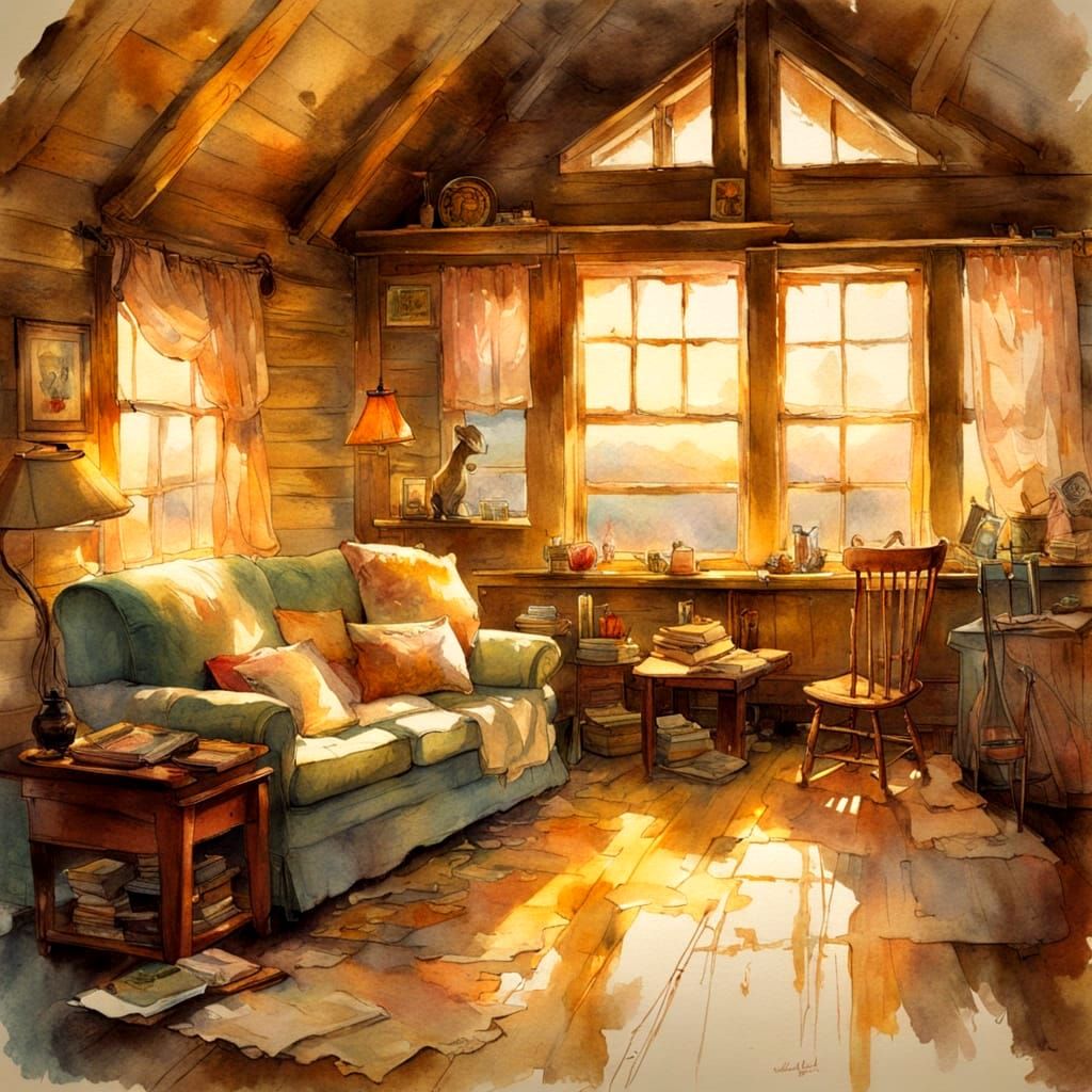 Warm Cabin Scene in Pastel Hues