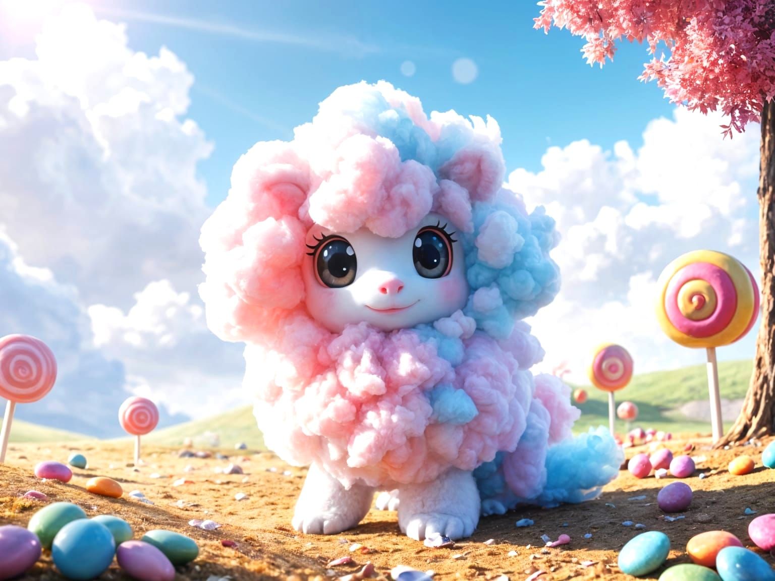 Whimsical Cotton Candy Creature in Candy Land