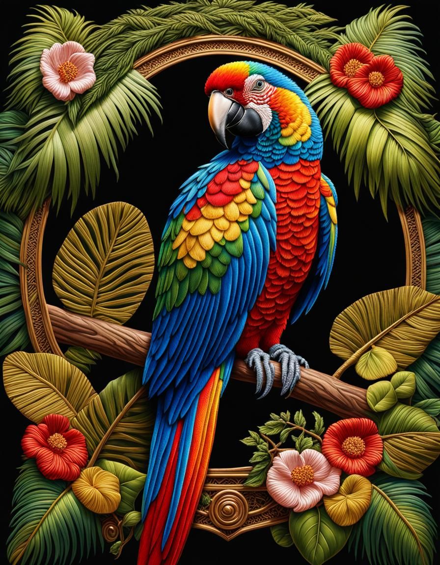 Embroidered Ara Parrot in Jungle, 3D Render