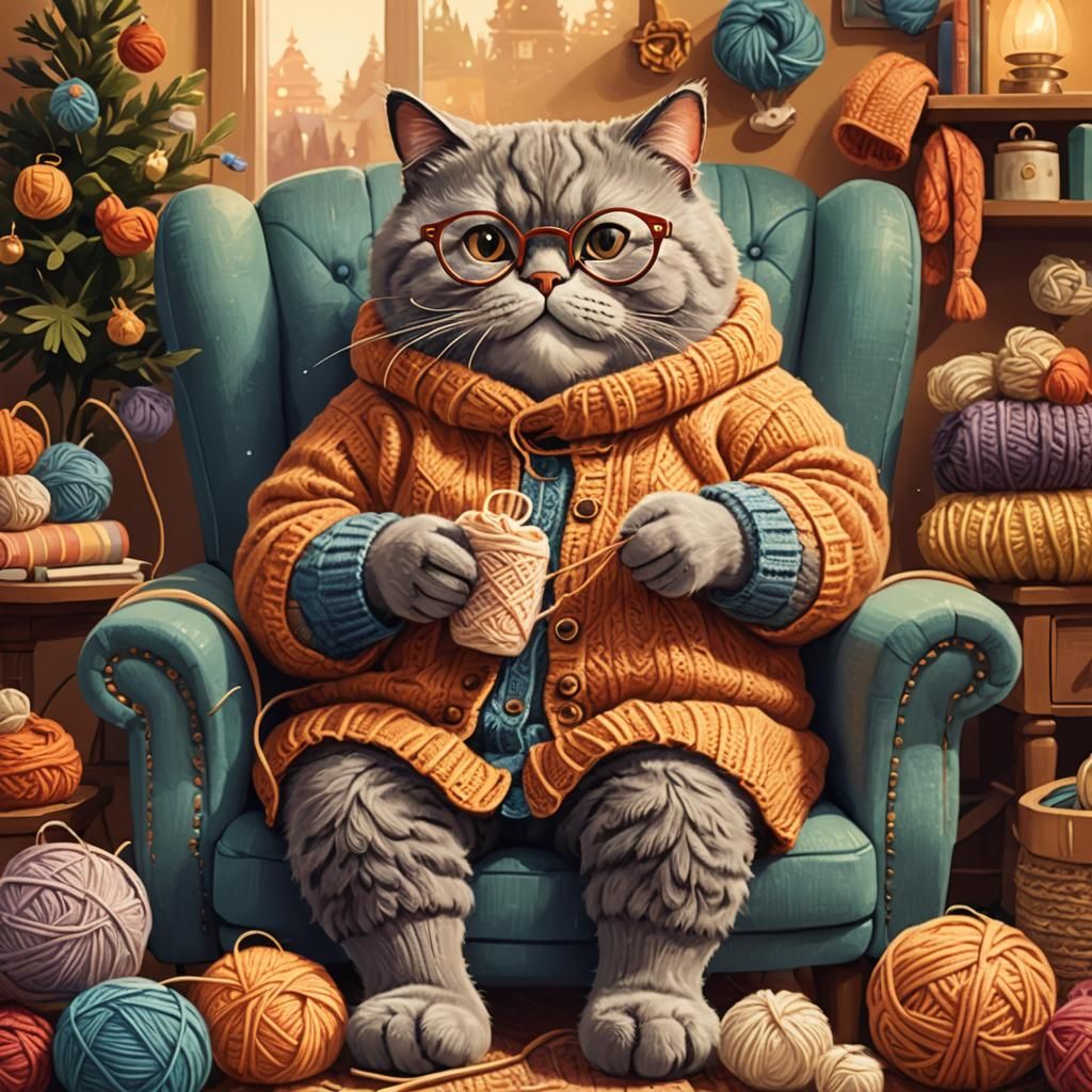 Chubby Cat Knitting Socks in Cozy Armchair