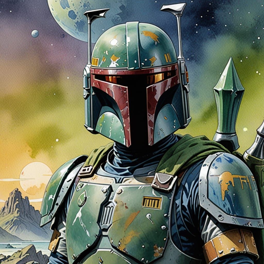Boba Fett on Rocky Planet, Watercolor Comic Art