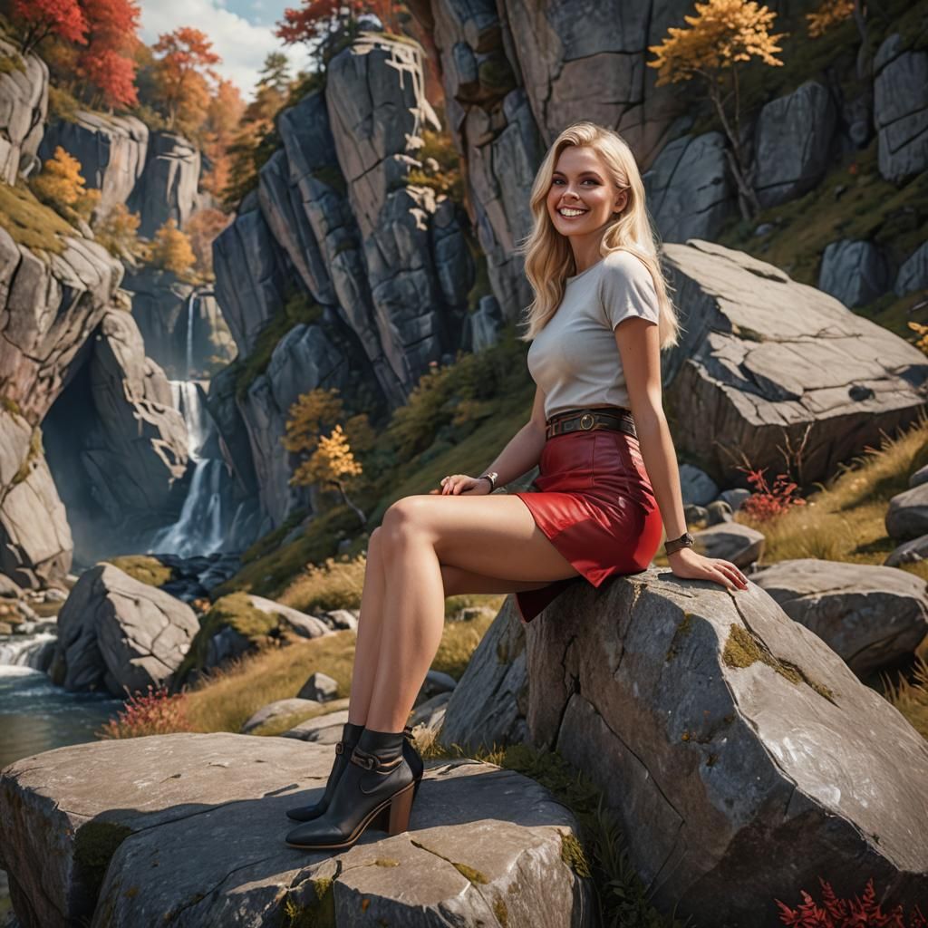 Smiling Blonde Woman Admiring Legs: Fantasy Concept Art