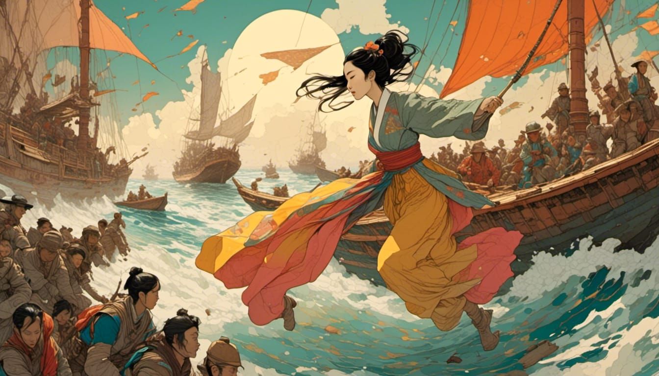 Korean Girl Escapes on Dhow in Vibrant Painting