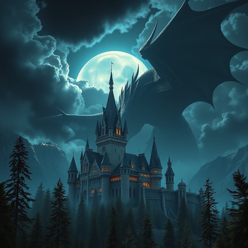 Majestic Castle at Moonlit Storm, with Emerging Black Dragon...