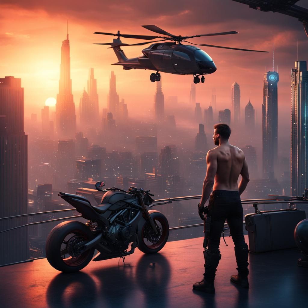 Cyberpunk Sunset: Man and Motorcycle in Futuristic City
