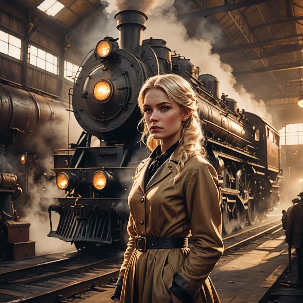 Blond Girl Posing with Steam Locomotive, Victorian Era