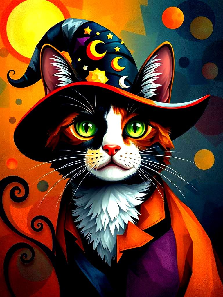 Calico Cat wearing a whimsical wizard hat