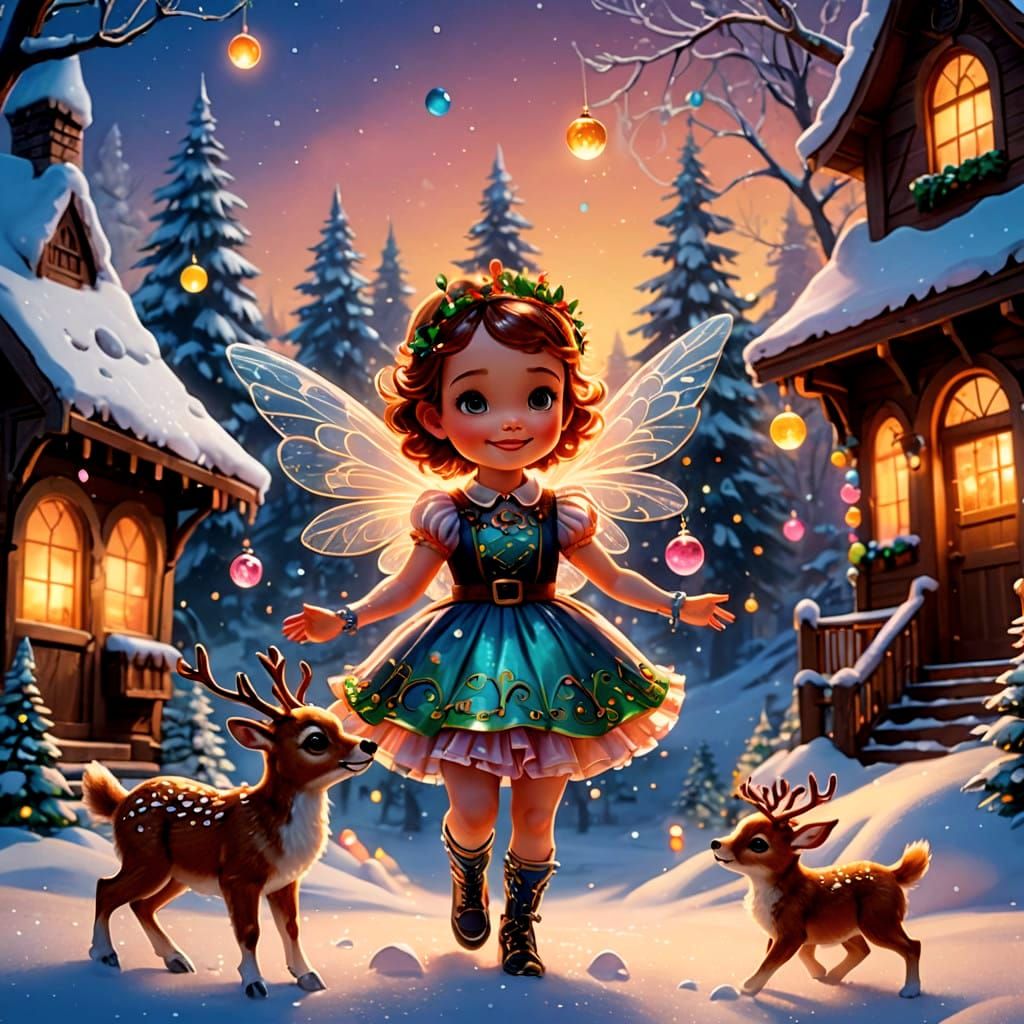 Glass Baby Christmas Fairy Plays with Reindeer in Whimsical...