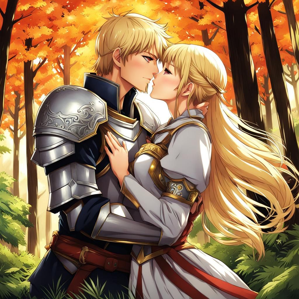 Anime Style Knight and Princess Kiss in Forest