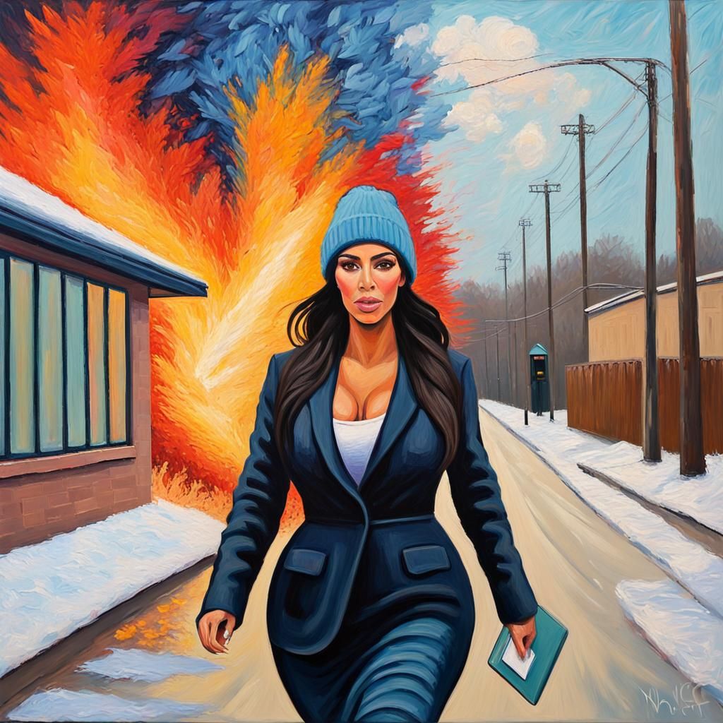 Kim K Delivers DoorDash to Exploding School: Oil Painting