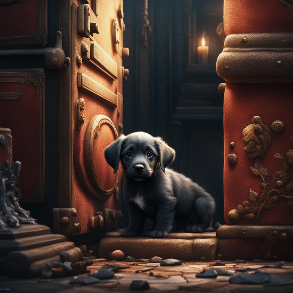 Puppy Hiding: Detailed Matte Painting in Deep Color