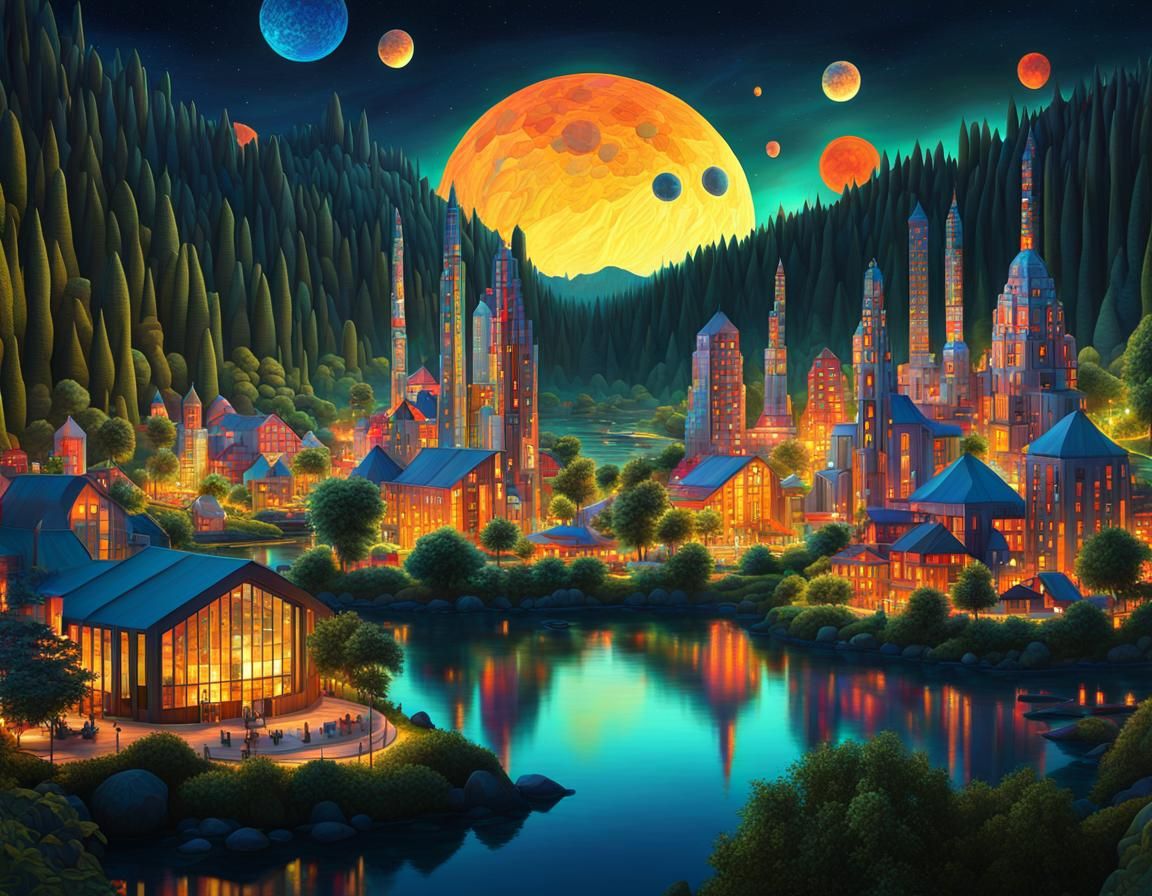 Ecological City at Night in Psychedelic Low Poly Style