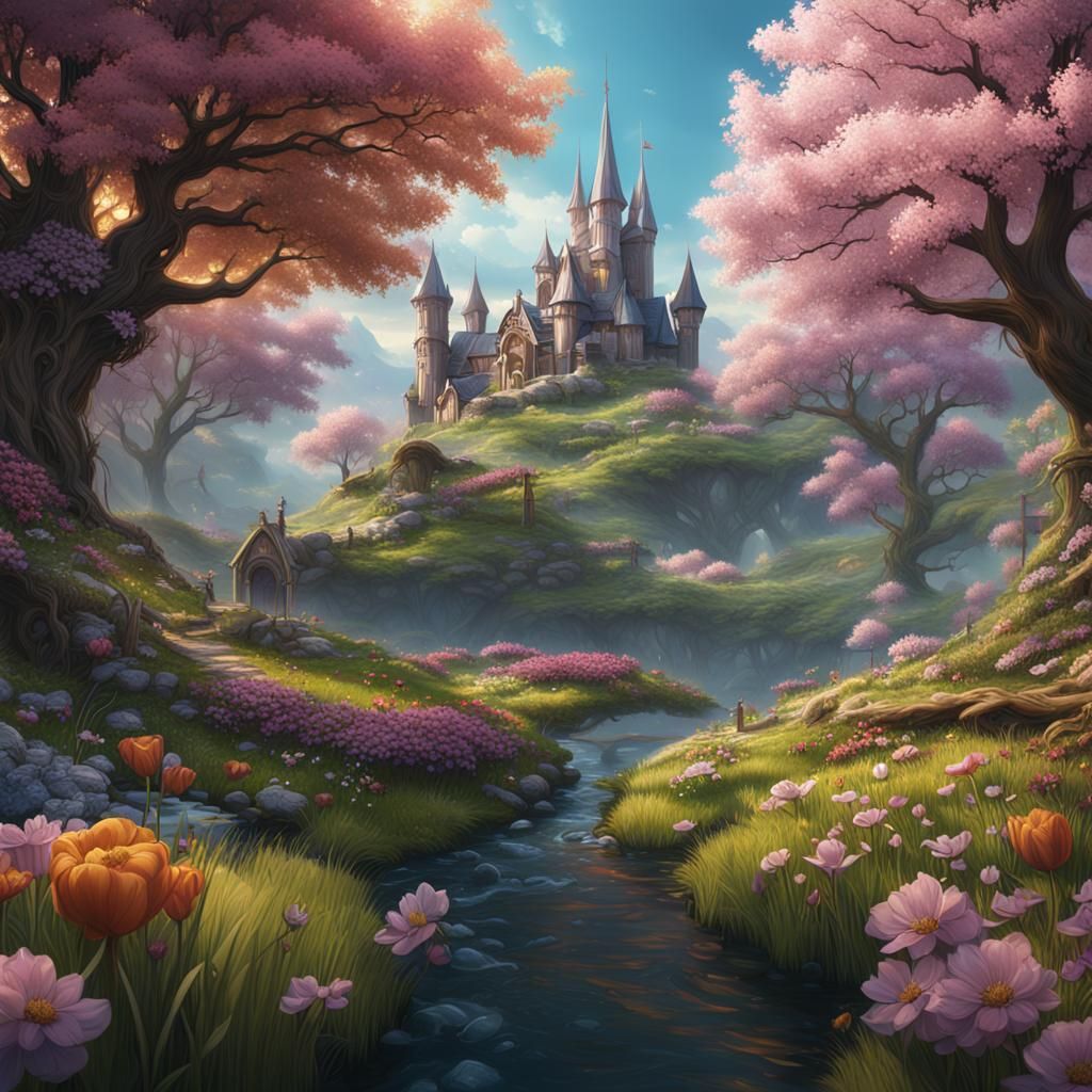 Fantastical Spring Day in Detailed Matte Painting Style
