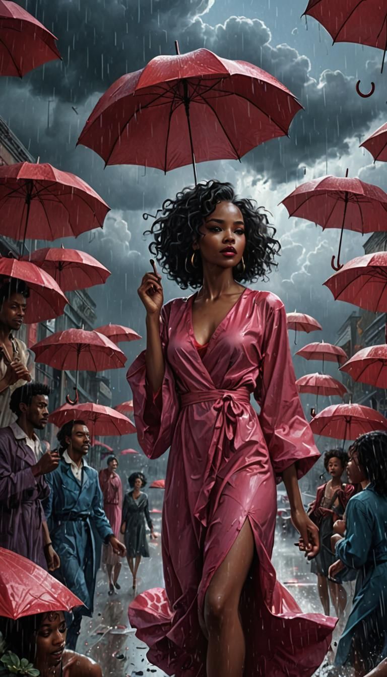 Surreal Pink Rain with Falling Figures in Fantasy Art