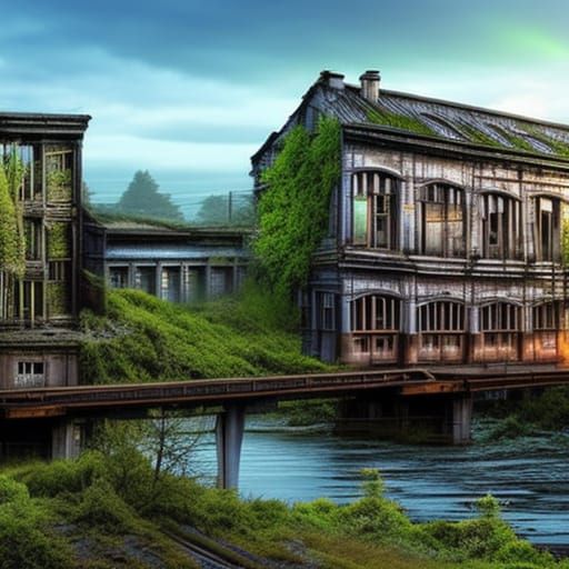Lush Vegetation Envelops Dilapidated Industrial Buildings